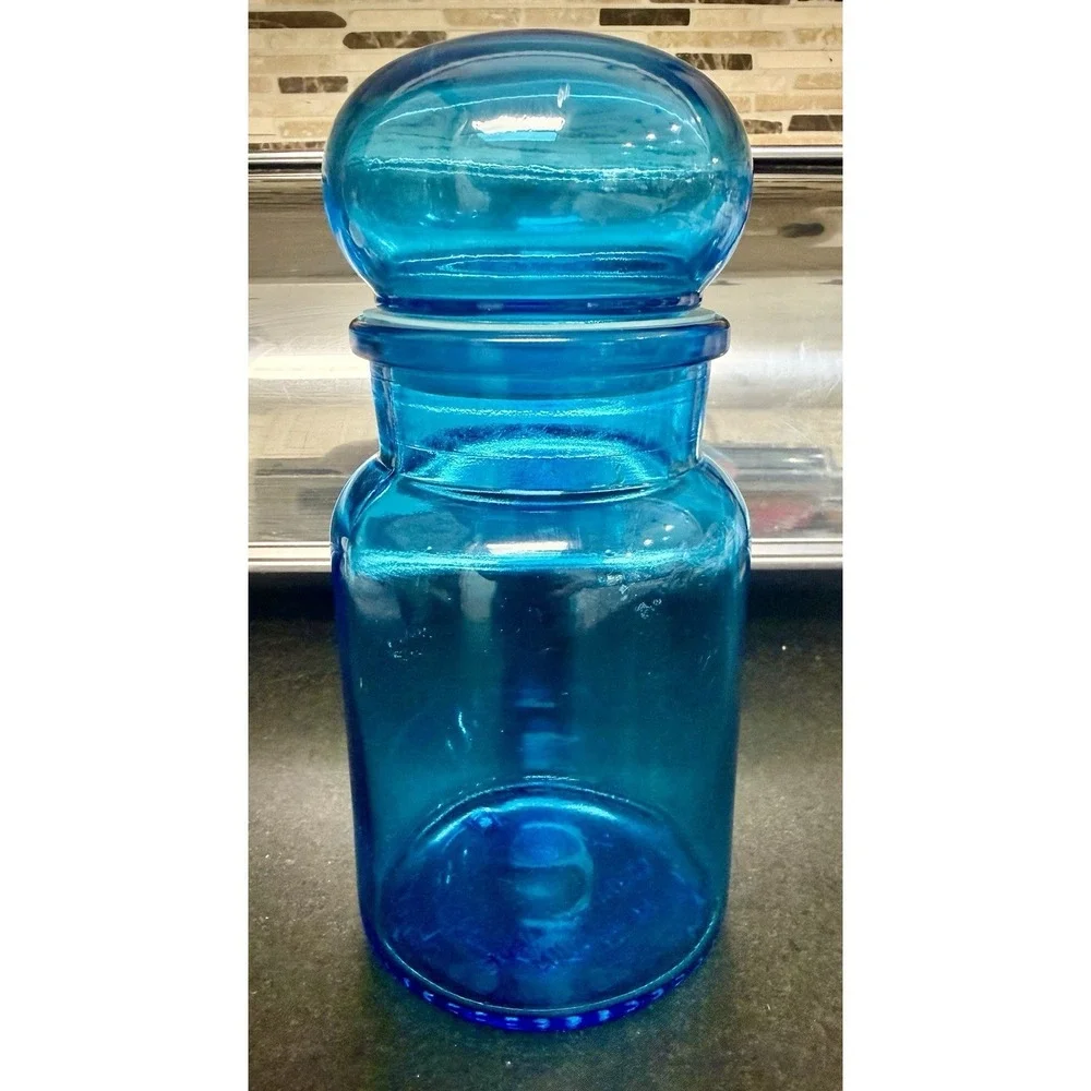 Vintage Blue Apothecary Glass Jar Bubble Lid Canister 8.75